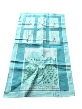 Vtg. Kitchen Herb Garden Williamsburg VA Linen Tea Towel Emily Signed Blue/Green